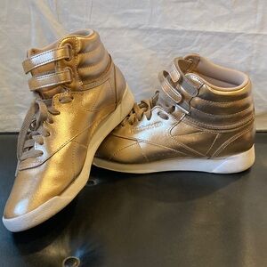 Reebok Women's Metallic Rose Gold “57-11s” Freestyle High Top Sneakers